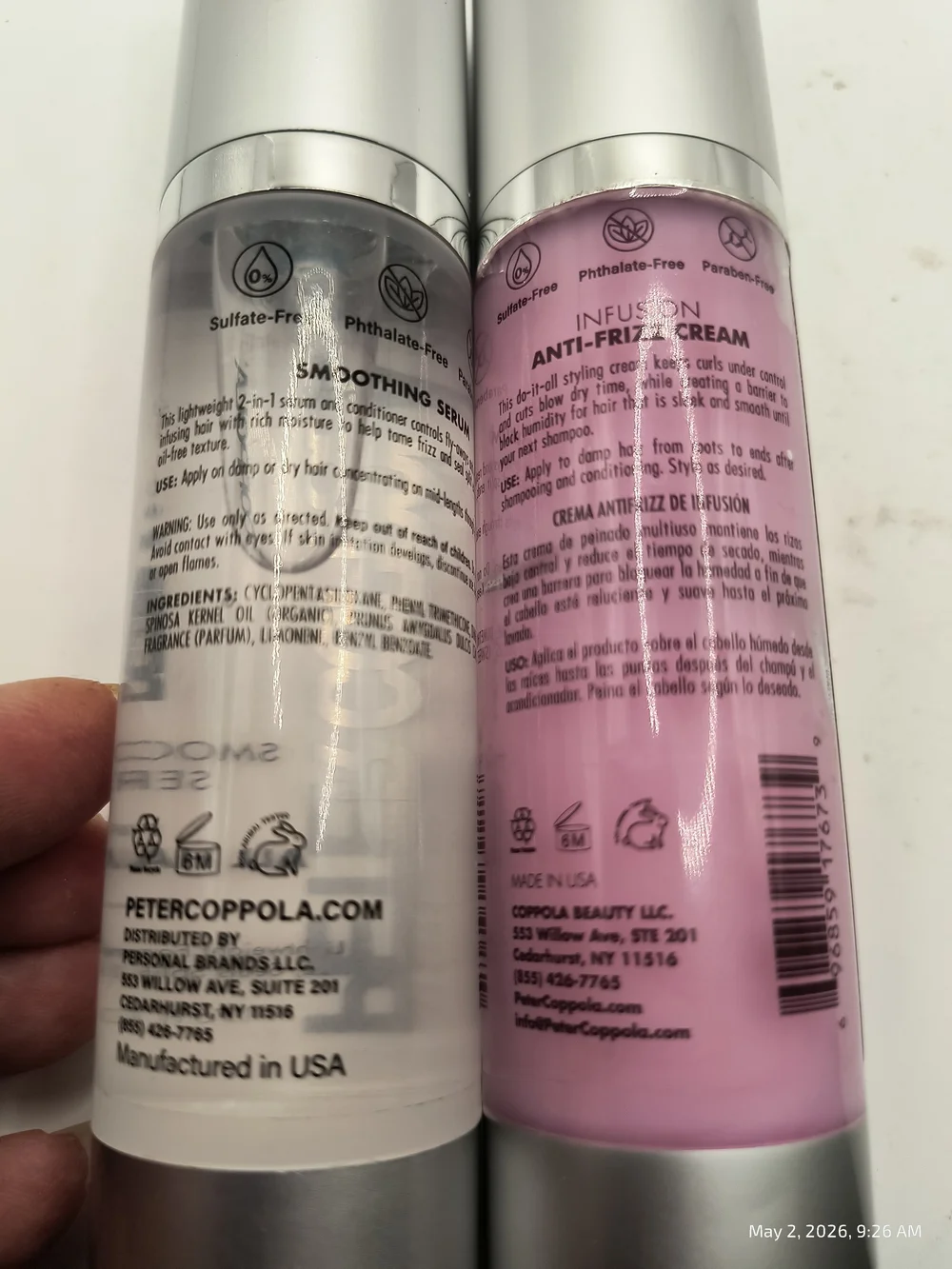 PETER COPPOLA Smoothing Hair Serum & Anti-Frizz Cream 1.75oz Each Unused
